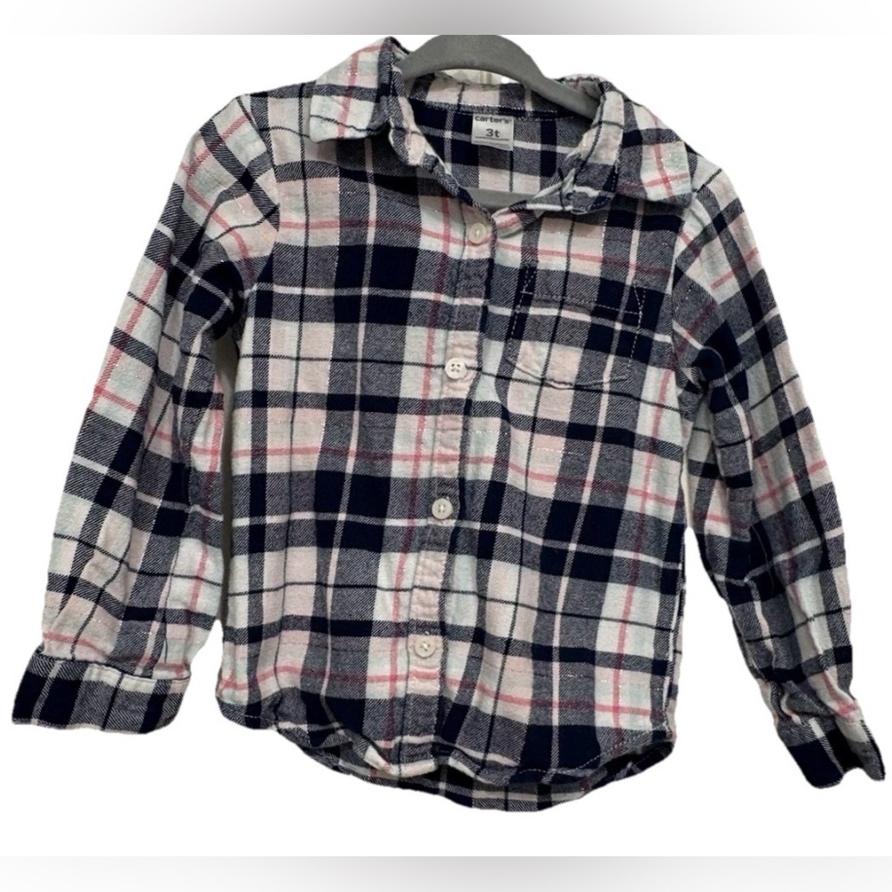 Carter's Toddler Girls Blue Pink Metallic Plaid Flannel Button Up Shirt Size 3T